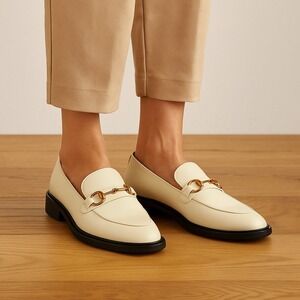 Lisa Vicky‎ Zany-V Loafers Women's 8M Cream Leather Slip On Horsebit Flats Shoes